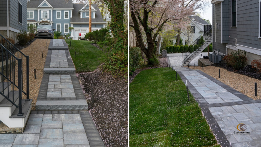 A photo collage from a side walkway with Cambridge pavers